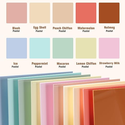 Macaron Pastel Acrylic Sheets 12x12-10 Pcs 1/8 Inch Thick, Dual Finish Matte &