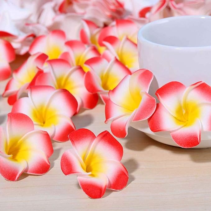 Pursuestar 100Pcs Red Foam Hawaiian Frangipani Artificial Plumeria Flower