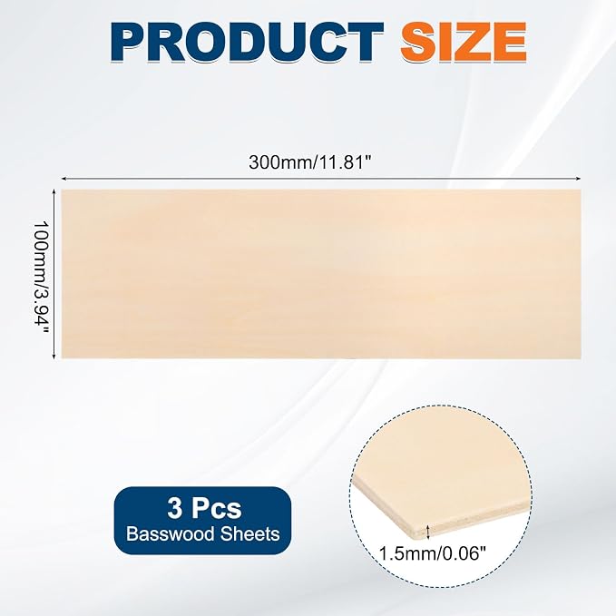 MECCANIXITY 3pcs Basswood Sheets 12 x 4 x 1/16 Inch Unfinished Wood Boards