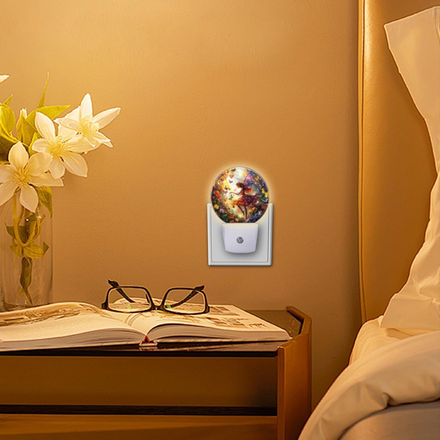 Round LED Night Lights Lamp with Dusk to Dawn Sensor, Beautiful Fairy with Colorful Wings Flying Night Light Plug Into Wall for Kids Room, Bedroom, Bathroom, Kitchen, Hallway