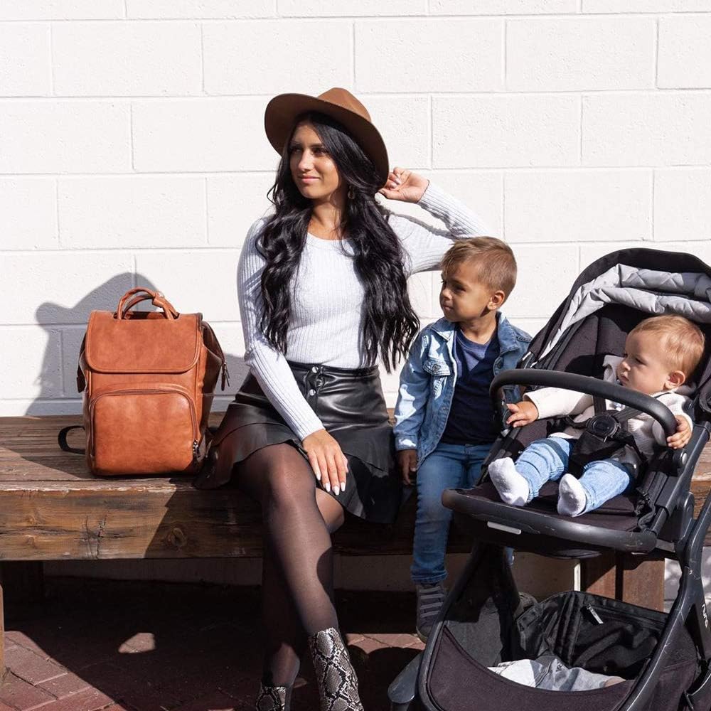 Leather Diaper Bag Backpack with Changing Mat Travel Backpack Waterproof&Insulated Large Nappy Bag Stroller Straps, Brown B, 13.8x8x18 Inch (Pack of 1), Travel Backpacks