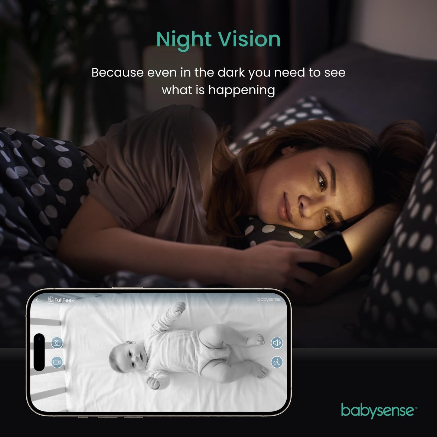 Babysense FullPeek 3MP Video Baby Monitor, WiFi Security Camera with Auto Tracking, Intelligent Motion & Sound Detection, Night Vision, Private Hidden Lens Mode, Supports SD Card