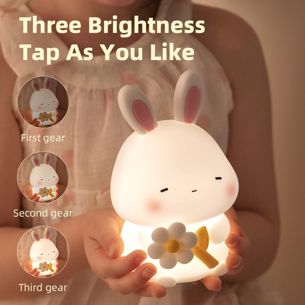 Bunny Night Light for Kids, Cute Rabbit Soft Silicone Lamp, Baby Nursery Nightlight, Touch Dimmable, 1200mah Battery, Kawaii Stuff Home Decor, Christmas Holiday Gift for Girl,Boy,Toddler