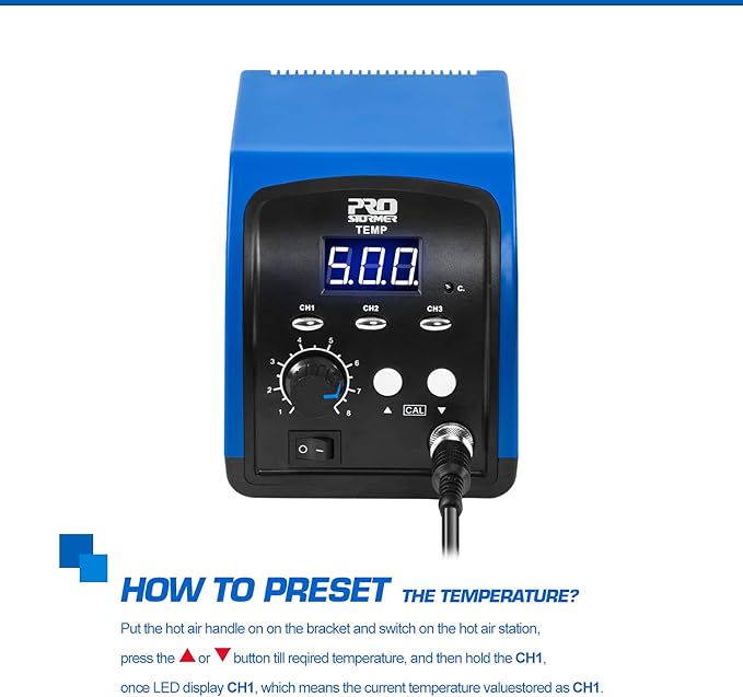 Hot Air Rework Station, Prostormer 120V Digital Display Heat Gun with 3 Sets Stored Temperature and Sleep Mode, Airflow Efficiency, Accurate Temp 100~500 ℃ (212~932°F) for Electronics Repairing