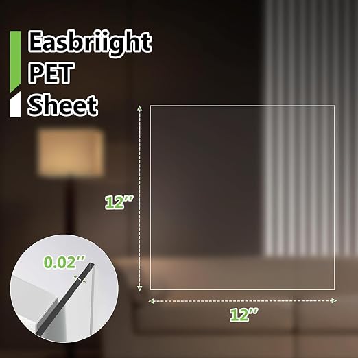 5-Pack of 12×12"×0.02" PET/Plexiglass Sheets, Transparent Flexible Plastic