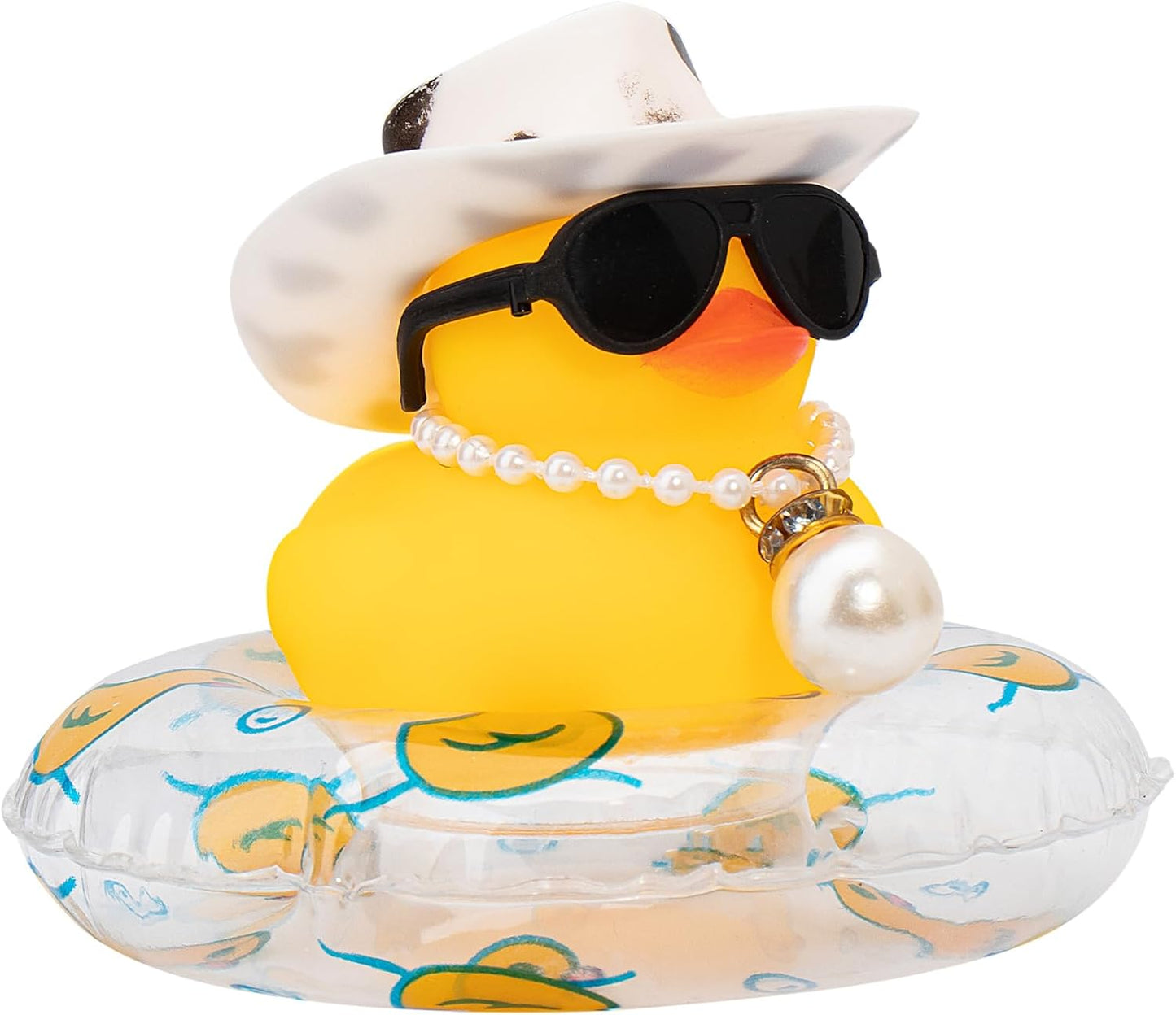 wonuu Car Rubber Duck, Yellow Duck Decoration Dashboard with Sun Hat Swim Ring Necklace Sunglasses for Car Dashboard Decorations, Black White Cowboy Hat-Transparent-Big Pearl