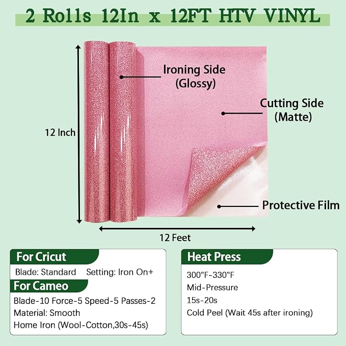 guangyintong Glitter Pink Heat Transfer Vinyl HTV Rolls, 2 Rolls 12" x 12ft