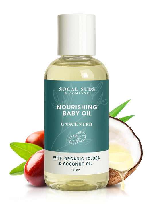 SoCal Suds & Company - Natural & Organic Baby Oil -Newborn Essentials -Gentle Moisturizing Nourishing Oil for Delicate Tender Skin -Vitamin-Enriched with Jojoba and Sunflower Oils -Fragrance Free, 4oz
