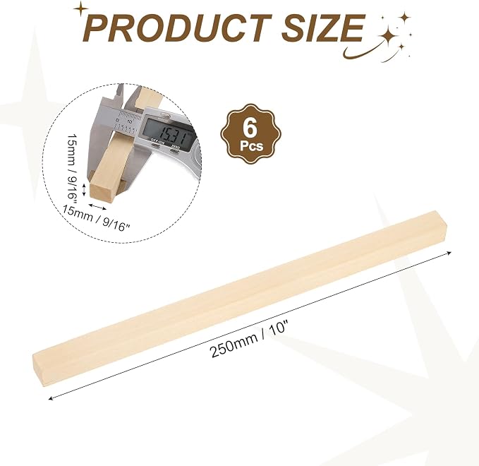 MECCANIXITY 6Pcs Basswood Sticks, 9/16" x 9/16" x 10" Square Wooden Dowel Rods