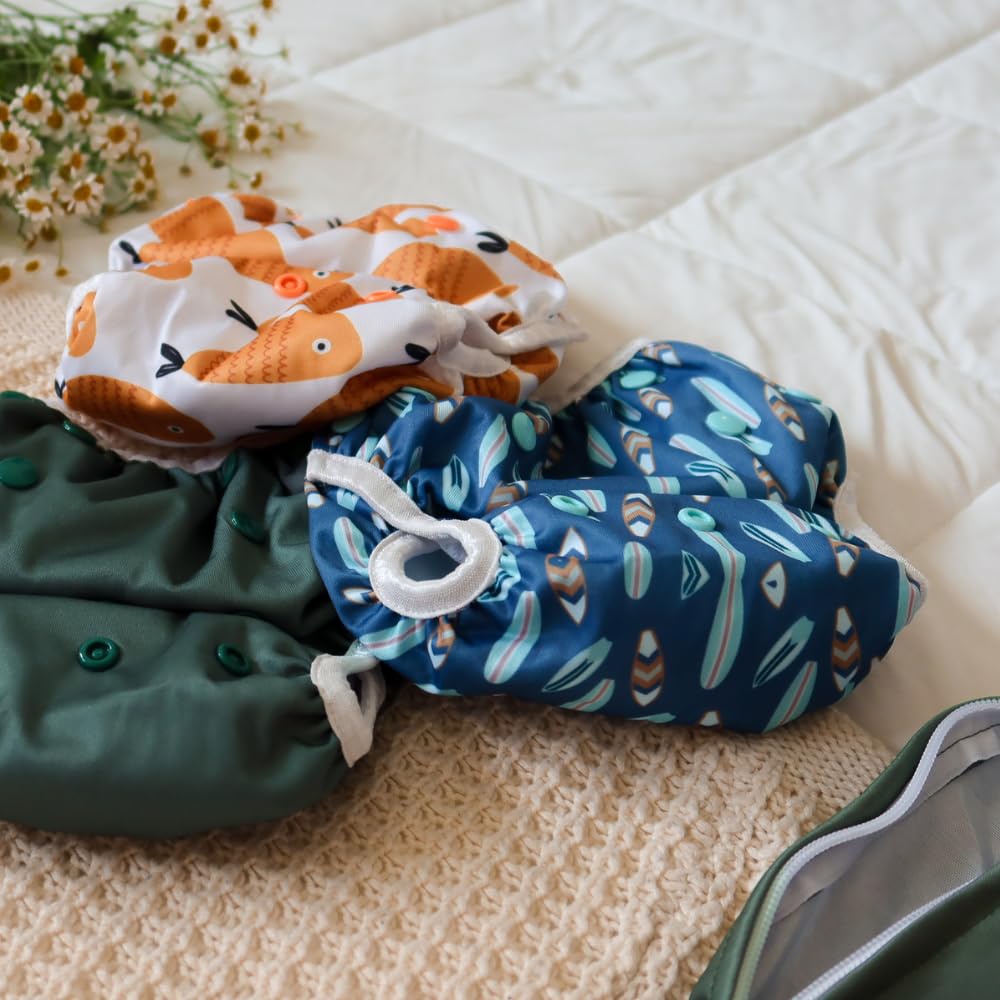 Nora's Nursery Reusable Swim Diapers and Wet Bag - One Size Fully Adjustable - Harbor Hues Unisex 3 Pack with Wet Bag