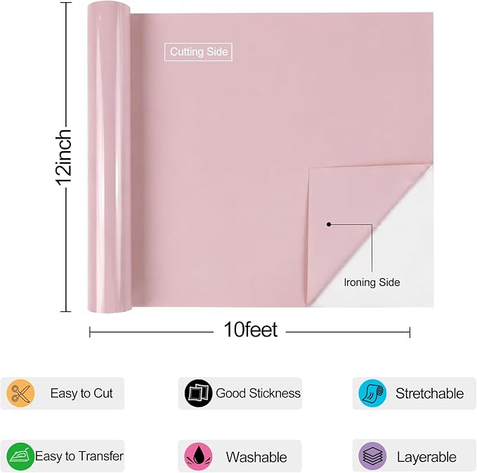 guangyintong Heat Transfer Vinyl Rolls 12" x 10ft, PU Pastel Pink HTV Vinyl