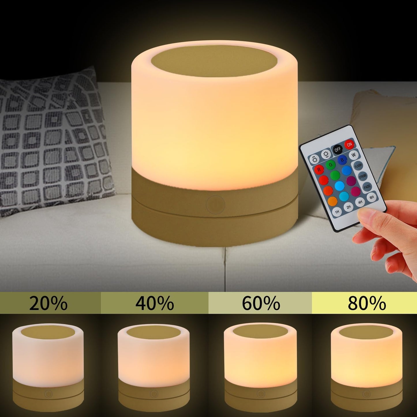 ERUN Nursery Night Light for Kids, USB Rechargeable Small Desk Lamp,13 RGB Colors & 4 Brightness & 1 Remote, Touch Bedside Cordless Table Lamp, Portable Night Lamp for Bedroom Living Room Home (Gold)