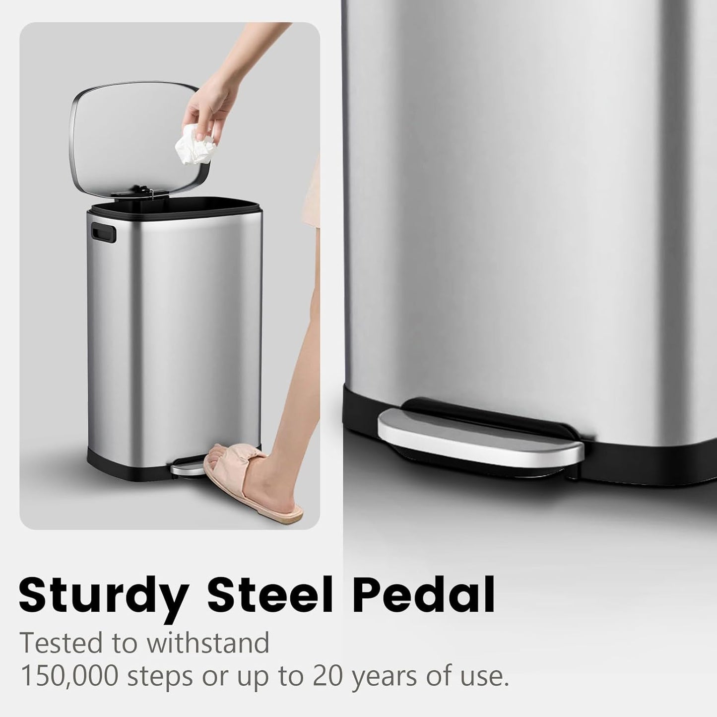 ELPHECO Kitchen Trash Can with Lid Soft Close, 13 Gallon / 50L Stainless Steel Pedal Garbage Can, Heavy-Duty Fingerprint Proof Step Wastebasket with 20 Bags, Removable Bucket, Home Office, Silver
