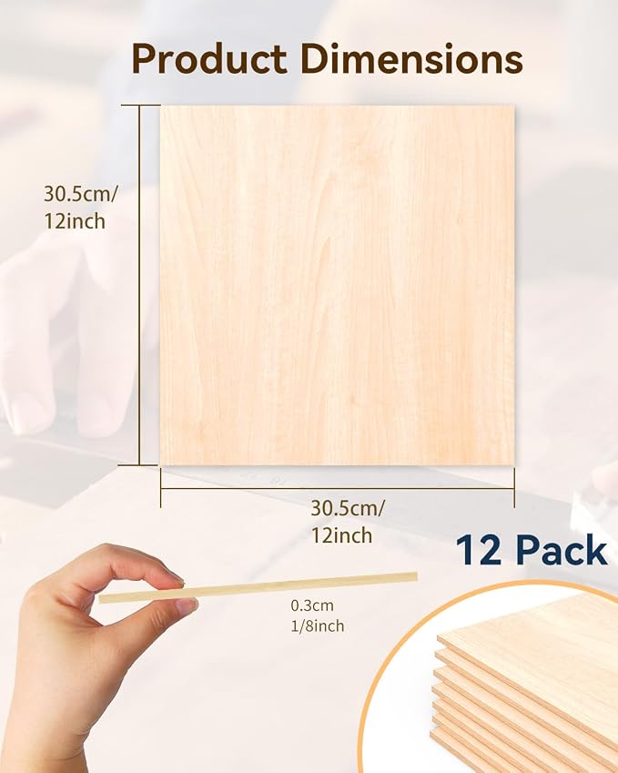12 Pack Basswood Sheets for Crafts-12 x 12 x 1/8 Inch- 3mm Thick Plywood Sheets