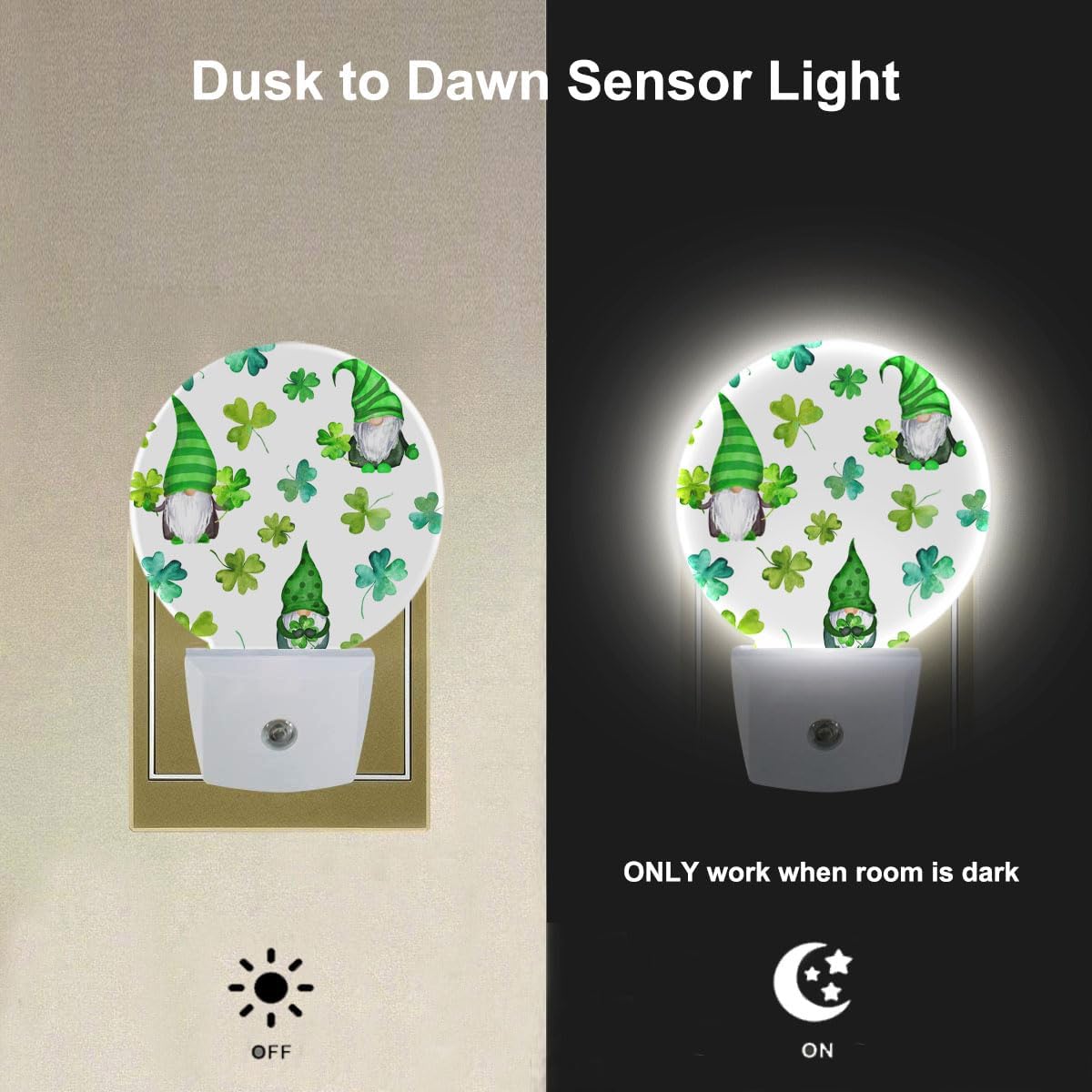 EKOBLA Cute Patrick's Gnome Night Light Green Shamrock Clover Leaves Plug-in Nightlights Auto Sensor LED Plug-in Nightlights for Men Women Girls Boys Home Decor