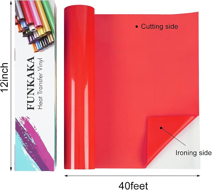 FUNKAKA Red Heat Transfer Vinyl Rolls, Adhesive Glossy HTV Vinyl