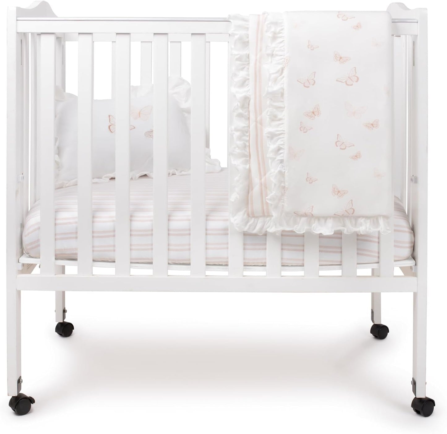 Ely's & Co. Mini Crib Bedding Set for Girls, 4 Piece Set - 1 Fitted Mini Crib Sheet, Quilted Comforter and Decorative Pillow with Insert, Pink Butterfly+Stripe Collection