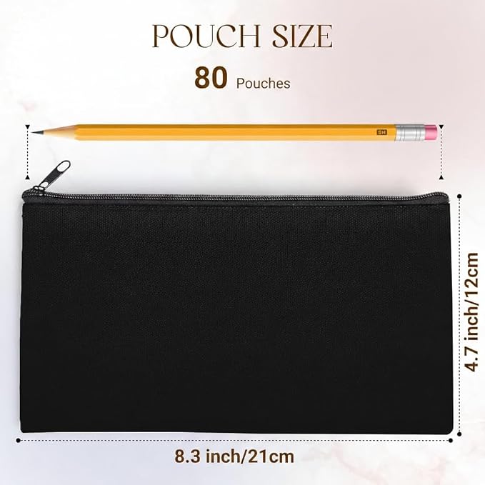 80 PCs 8.3x4.7 Black canvas Zipper Pouch, Makeup Bags Bulk Pencil Pouch
