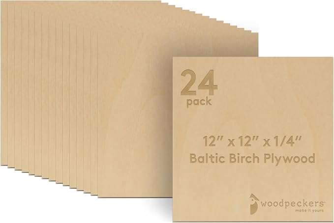 6 mm Baltic Birch Plywood 1/4 x 12 x 12 Inch, Box of 24 B/BB Grade Craft Wood