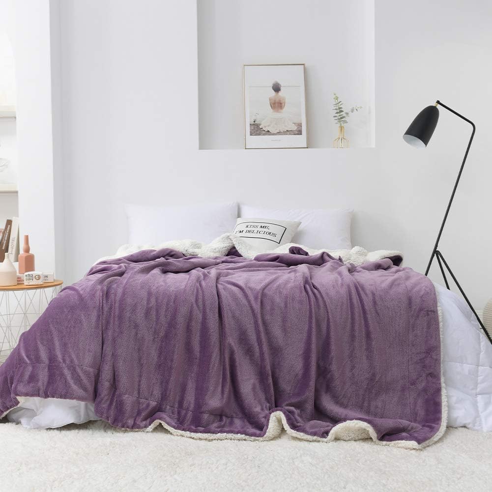 NANPIPER Throw Blanket Reversible Sherpa Flannel Bed Blanket Super Soft Fuzzy Plush Fleece Microfiber (90"x90" Cassis Purple) Queen
