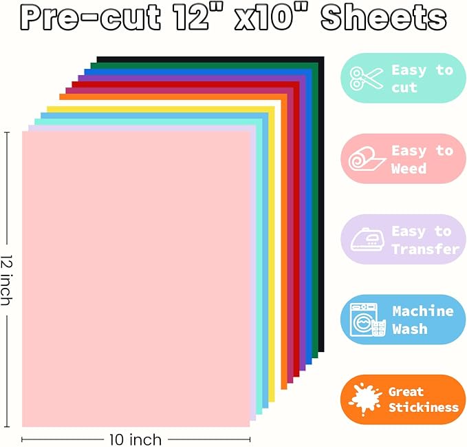 DUEUIOE Heat Transfer Vinyl 13 Pack 12"x10" PU HTV Vinyl Easy to Cut Iron on