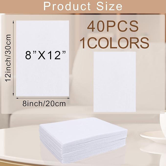 40 Pcs Stiff Felt Fabric Sheet for Crafts, 1mm Thick and 8”x12”White Felt