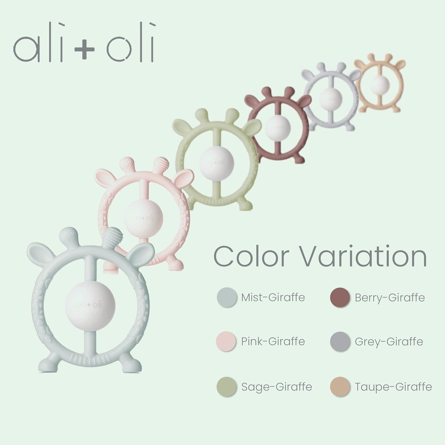 Ali+Oli Baby Teether & Rattle (Taupe Giraffe) Baby Teething Relief, Silicone Teethers for Babies 3+ Months, Baby Teething Toys w/Multi-Textured Surface, BPA Free & Freezable Teethers for Babies