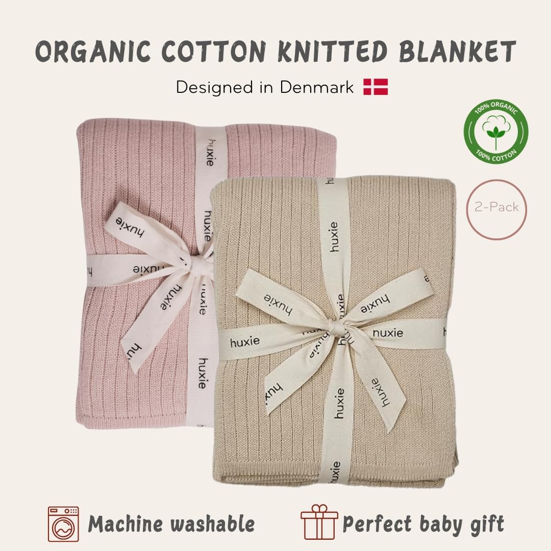 Knitted Organic Cotton Baby Blanket- Swaddle Blanket, 30" x 40" Soft Receiving Blanket for Newborn 2-Pack (Fog and Blush)