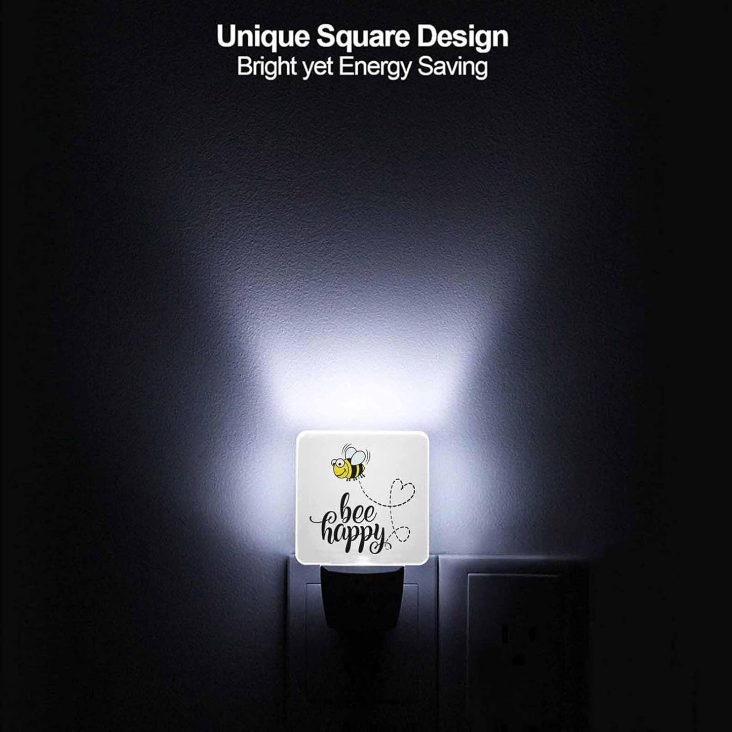 LED Night Light,Bee Happy Funny Text Quote Cute Fat Bee LED Night Light Plug into Wall with Dusk to Dawn Light Sensor White Energy Efficient Nightlight for Bedroom Bathroom Hallway Living Room Kitchen