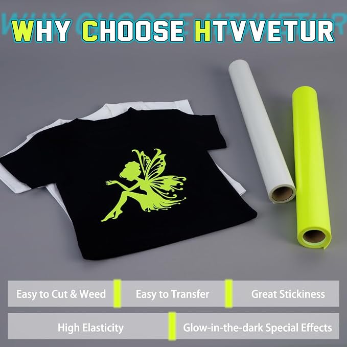 HTVVETUR Glow in The Dark HTV Heat Transfer Vinyl Roll 12 Inch by 20 Feet Iron