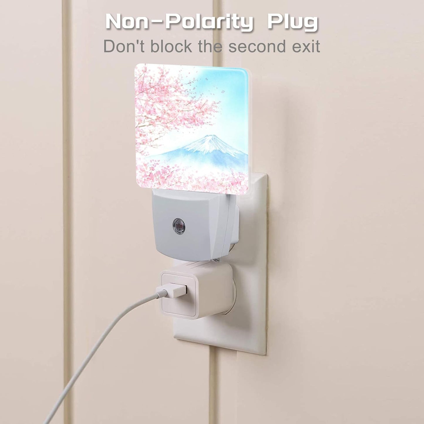 Cherry Blossoms with Mountain Fuji Night Light Plug into Wall, Watercolor Pink Flowers Dusk to Dawn Night Light,0.5w Energy Saving Sleep Friendly Nightlights for Kids Boys Girls Home