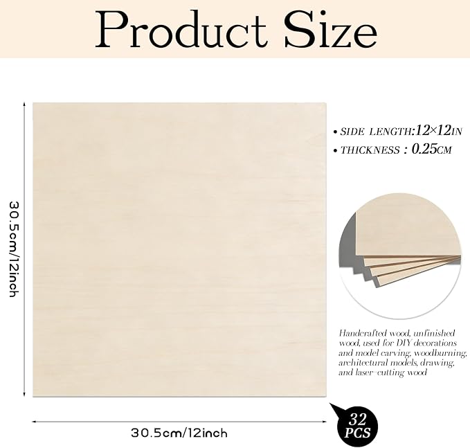 32 Pcs Basswood Sheets 12"x12"x1/8" Balsa Wood Sheet Thin Plywood Engraving