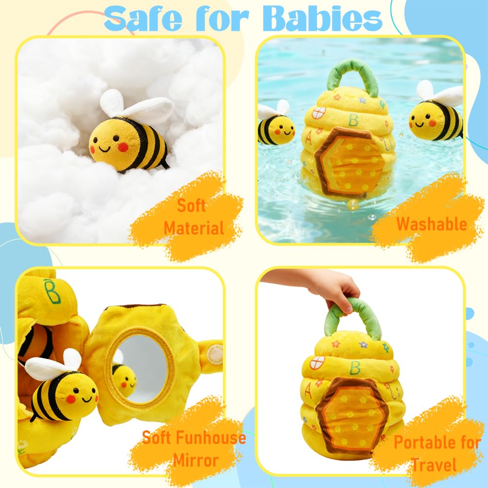 Bee Hive Baby Toys 6-12 Months, Soft Beehive with 5 Stuffed Bees, Crinkle, Rattles, Squeaker, Jingle Bells, Mirror, Montessori Toys Sensory Baby Shower Birthday Christmas Gift