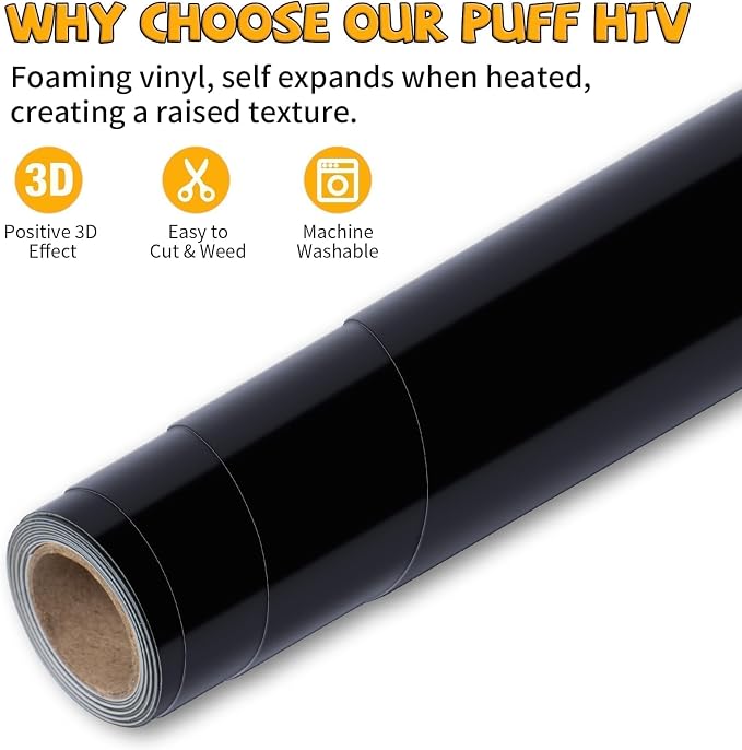 VinylRus Puff Heat Transfer Vinyl-12” x 5ft Black Heavy Duty Puff Iron on Vinyl
