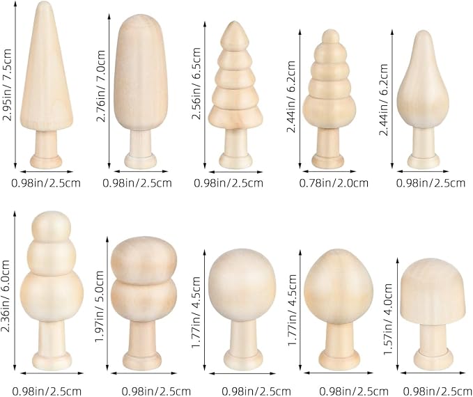 TEHAUX 20pcs Unfinished Mini Wooden Trees 5 Shapes DIY Paintable Wood Craft