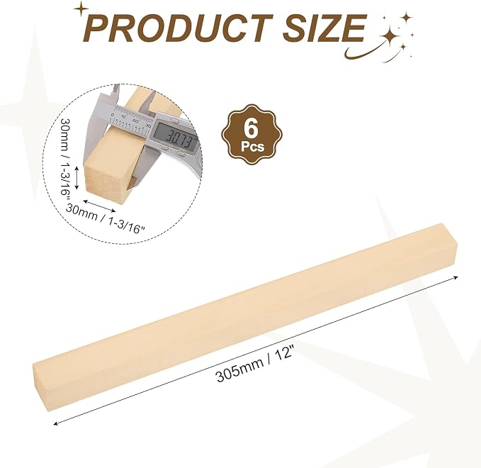 MECCANIXITY 6Pcs Basswood Sticks, 1.2" x 1.2" x 12" Square Wooden Dowel Rods