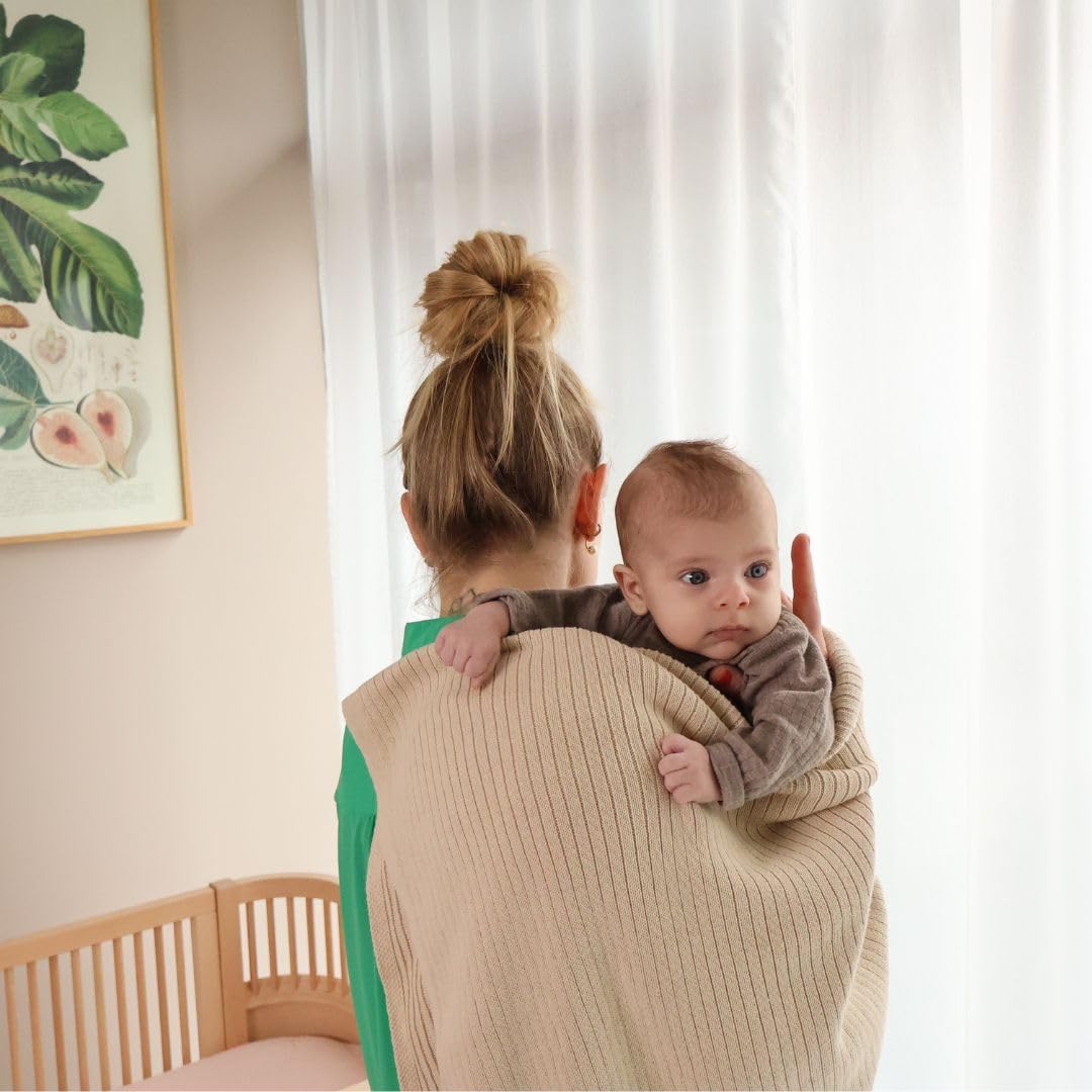 Knitted Organic Cotton Baby Blanket- Swaddle Blanket, 30" x 40" Soft Receiving Blanket for Newborn (Ribbed - Fog)