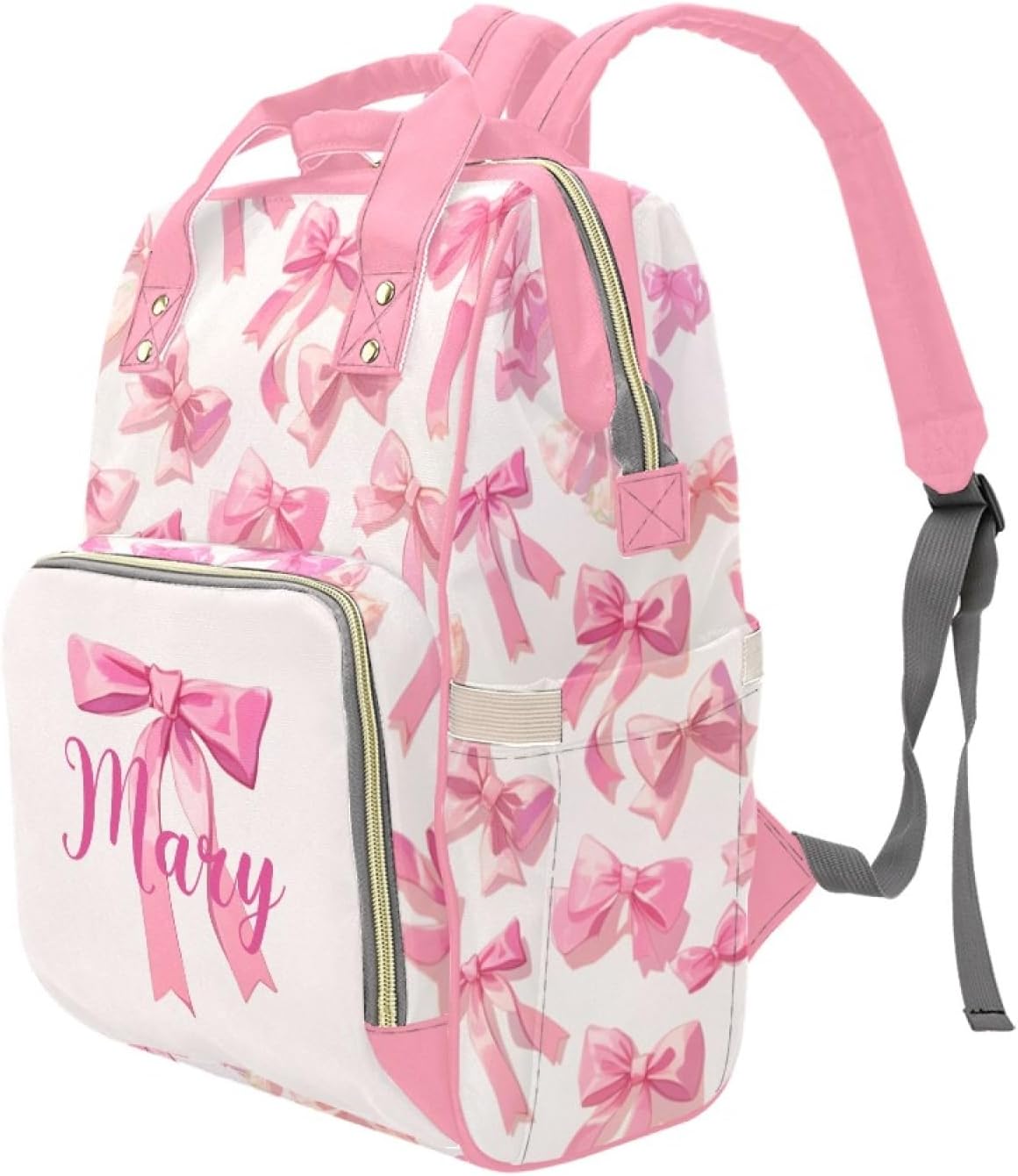 Custom Diaper Bag Backpack for Women, Personalized Name Nursing Mommy Daypack, Pink Bow Diaper Bag for Baby Girls, New Mom Gifts