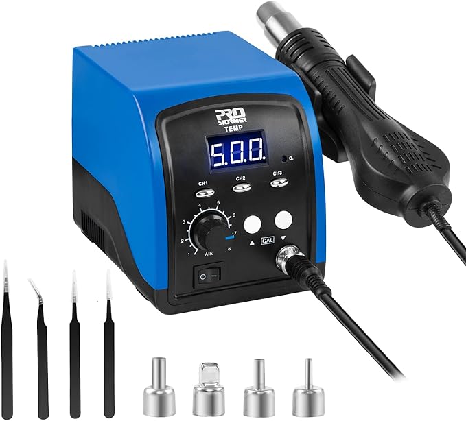 Hot Air Rework Station, Prostormer 120V Digital Display Heat Gun with 3 Sets Stored Temperature and Sleep Mode, Airflow Efficiency, Accurate Temp 100~500 ℃ (212~932°F) for Electronics Repairing