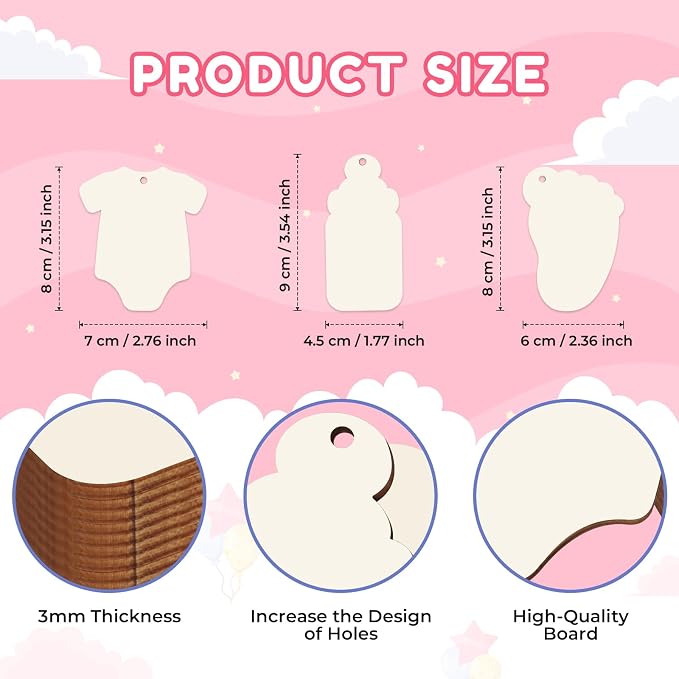 Baby Shower 30Pcs Unfinished Wooden Gift Ornaments DIY Craft Present Paintable