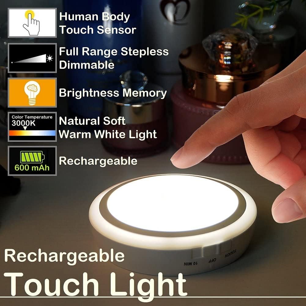 Rechargeable Touch Light with Timer, Dimmable Kids Baby Nursery Night Light Lamp, Stick-on Anywhere LED Push Tap Light for Closet Cabinet, Brightness Memory, Warm White Light