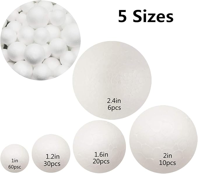 126 Pack Craft Foam Balls, 5 Sizes Including 1-2.4 Inches, Foam Balls