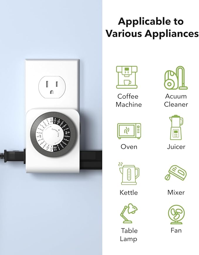BN-LINK Outlet Timer with 2 Grounded Outlets, Mechanical Light Timer for Electrical Outlet Indoor, 24-Hour 3-Prong for Lamp,Indoor Lighting,Fan and Christmas Light (1 Pack-3Prong(Dual Outlet))