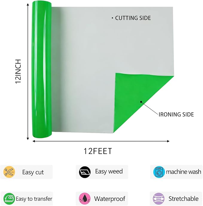 Neon Green HTV Iron on Vinyl 12Inch by 12ft Roll HTV Heat Transfer Vinyl