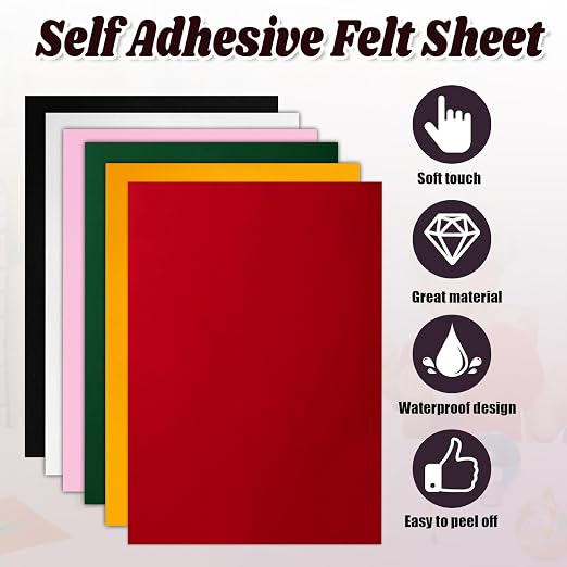 Biaungdo Self Adhesive Felt Sheets, 6 Colors, 8 x 12 Inch | A4 Size, Felts