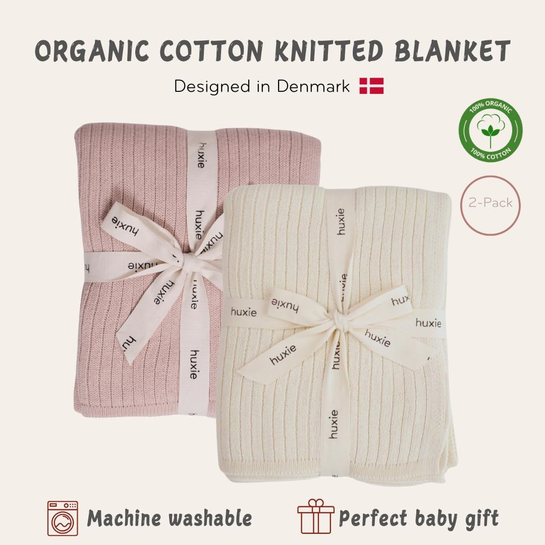 Knitted Organic Cotton Baby Blanket- Swaddle Blanket, 30" x 40" Soft Receiving Blanket for Newborn 2-Pack (Soft White and Blush)