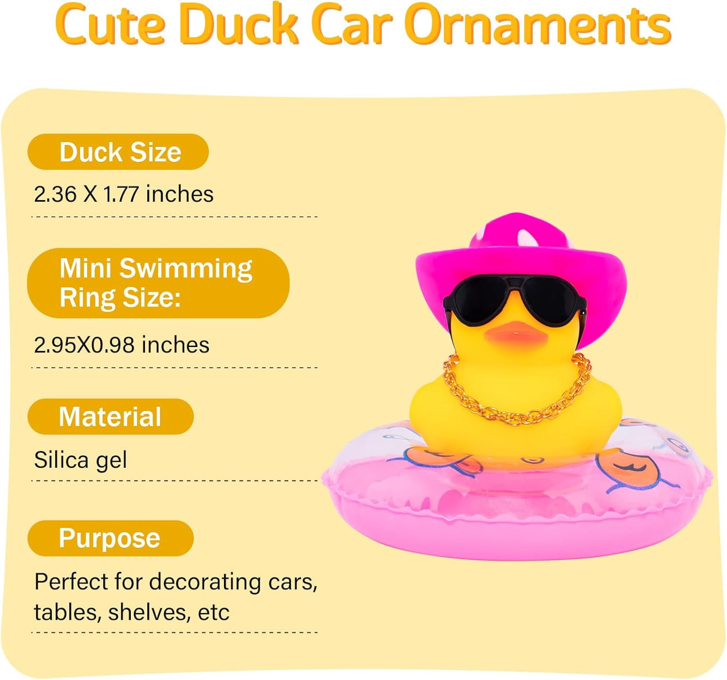 wonuu Car Rubber Duck, Yellow Duck Decoration Dashboard with Sun Hat Swim Ring Necklace Sunglasses for Car Dashboard Decorations, White Spots Pink Cowboy Hat-Pink