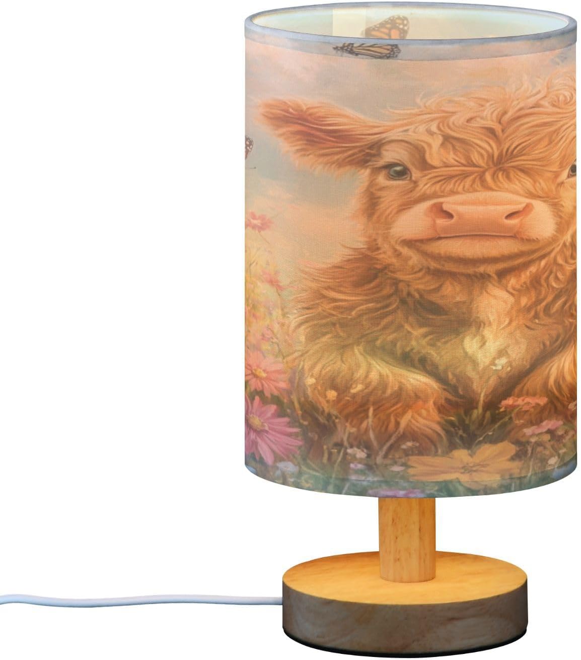 Highland Cow Flowers Table Lamp Bedroom Bedside Night Reading Desk Lamps Cylinder Nightstand Sleeping Light Lamp for Kids Living Room Office Decor
