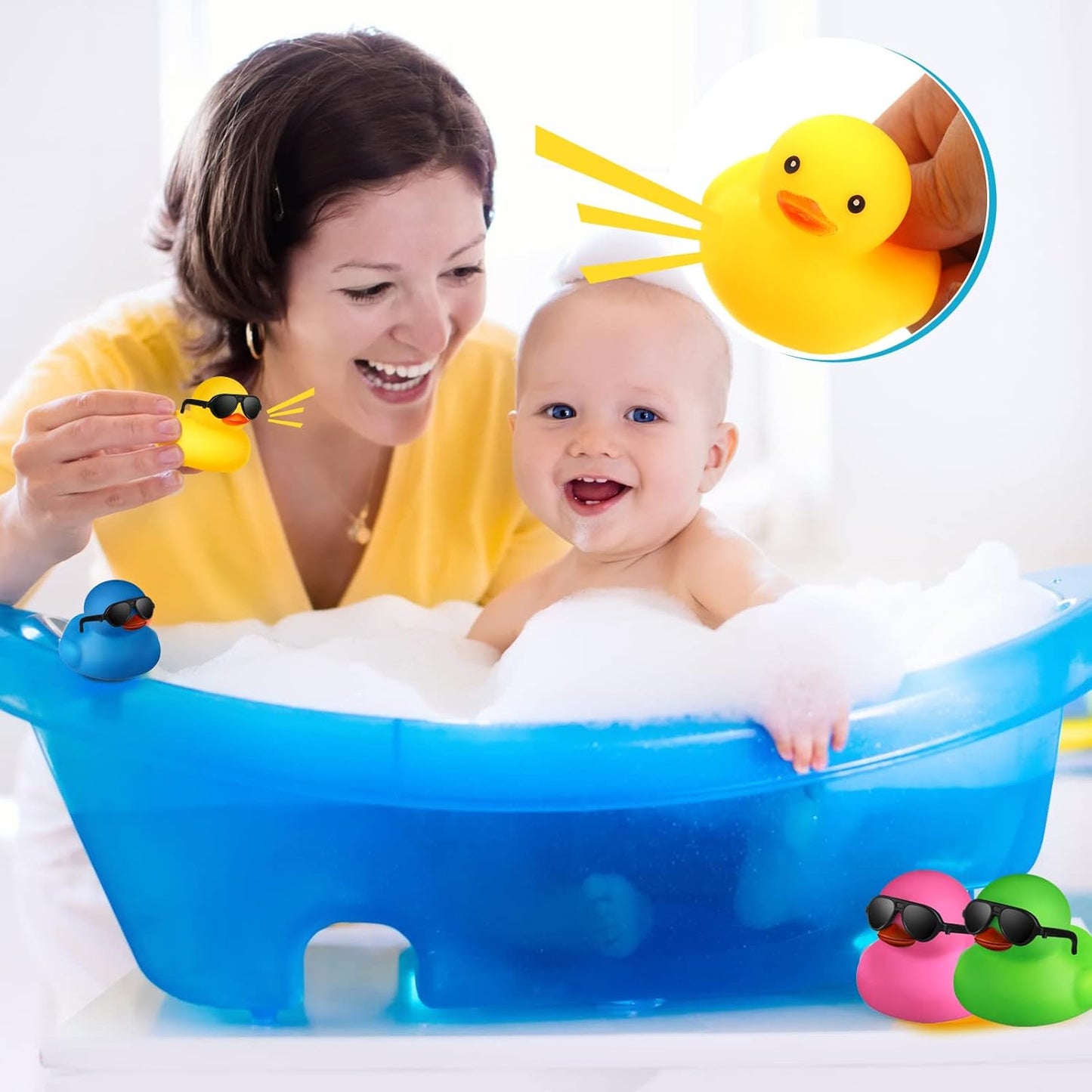 24 Pcs Mini Rubber Ducks with Sunglasses, Rubber Ducks in Bulk Valentine Bathtub Toys for Cruise Valentines Kids Classroom Gift Exchange(Eyeglasses,Mixed Colors)