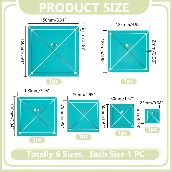 6 PCS 6 Size Acrylic Square Quilting Template Set 1-6Inch Accurate Cutting